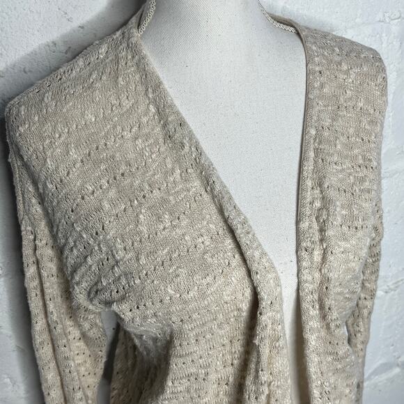Loft Women’s Cotton Linen Beige Open Front Pointelle Cardigan Sweater Medium - Picture 2 of 8